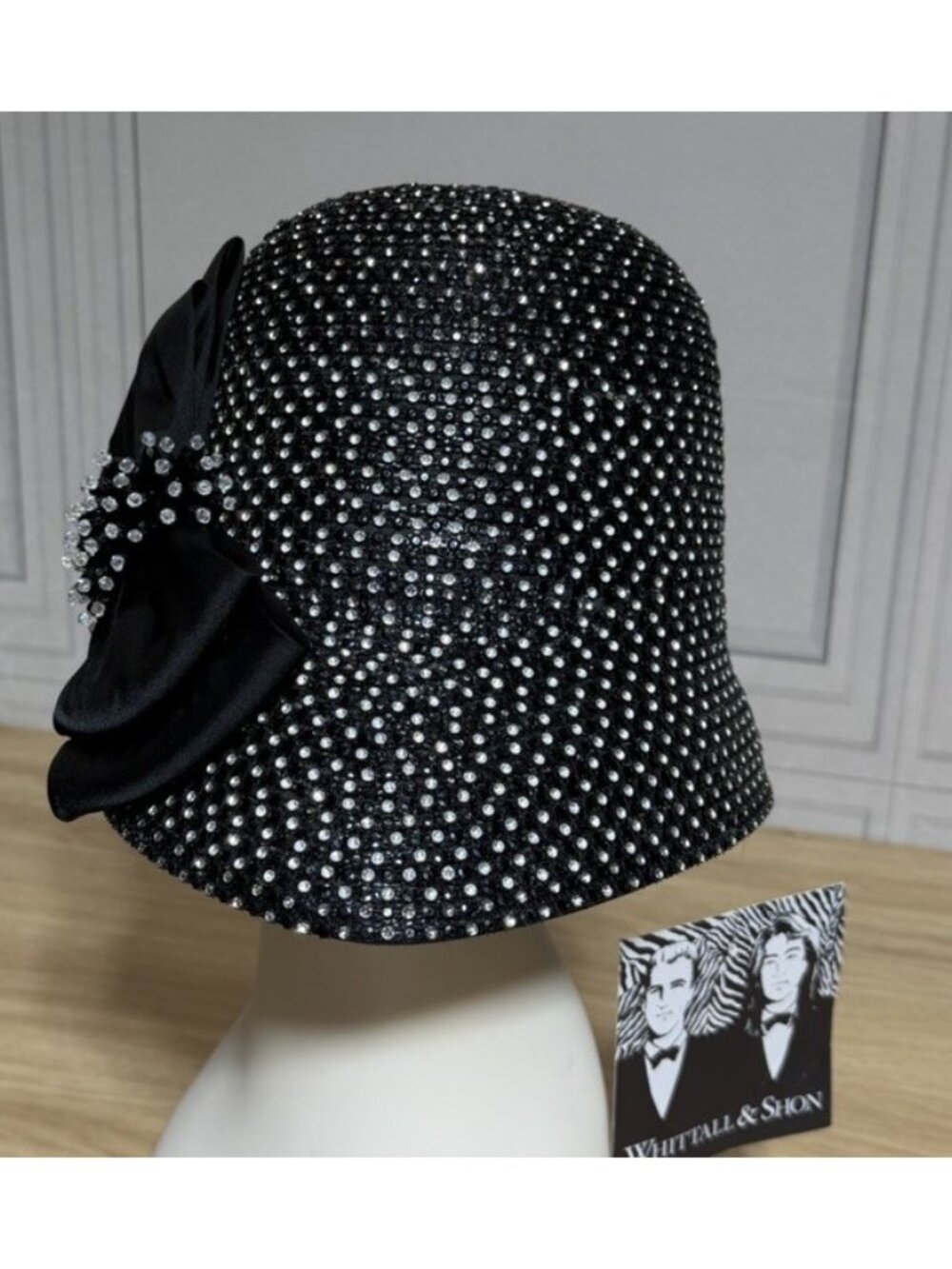 Whittall & Shon Black Rhinestone Bow Hat Womens One Size Formal Church NEW - Picture 11 of 11